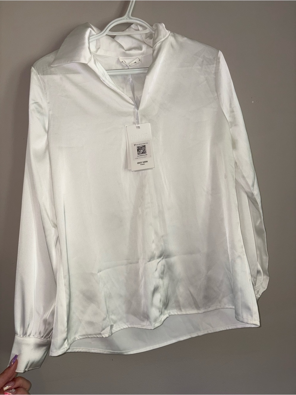 Grace Karin White Satin Button-Down Blouse